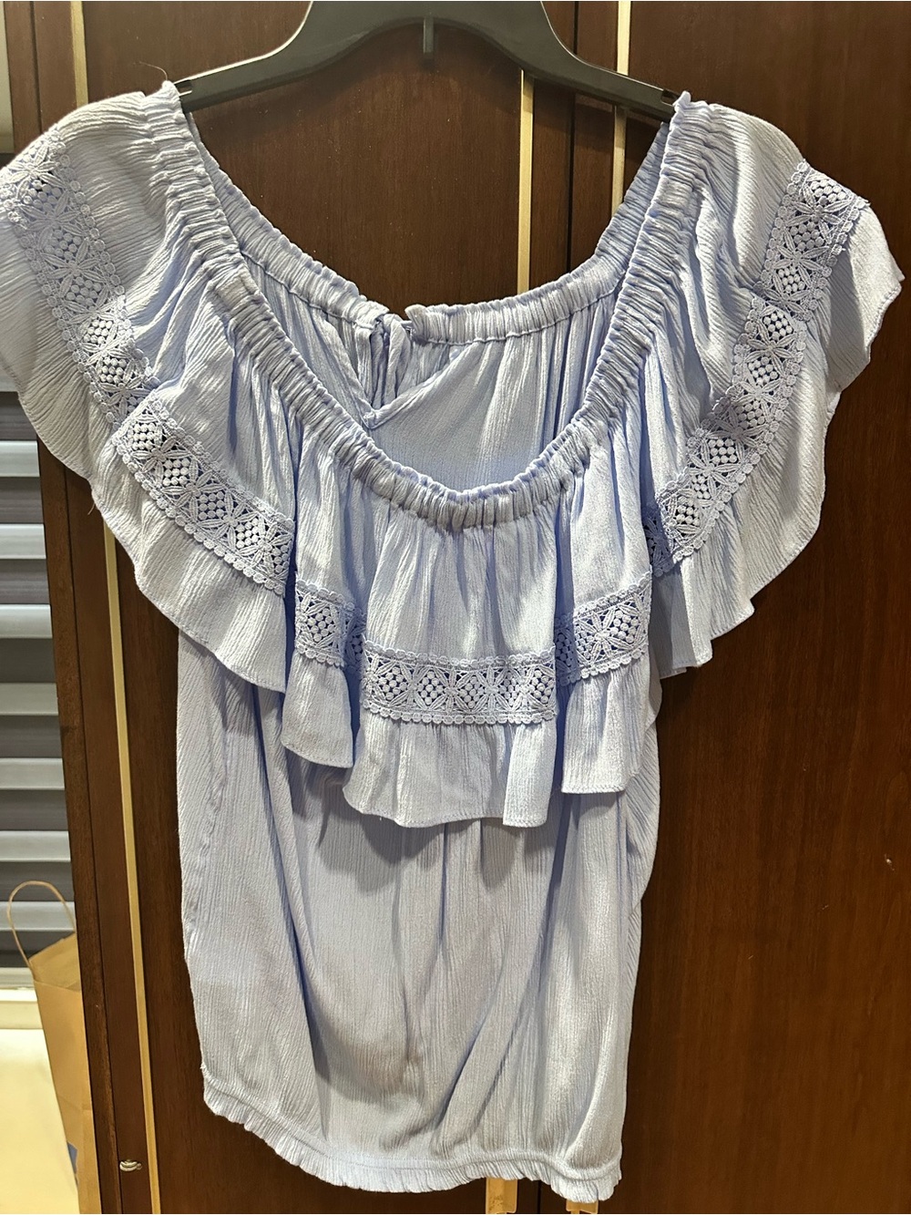 Light Blue Ruffled Off-Shoulder Blouse